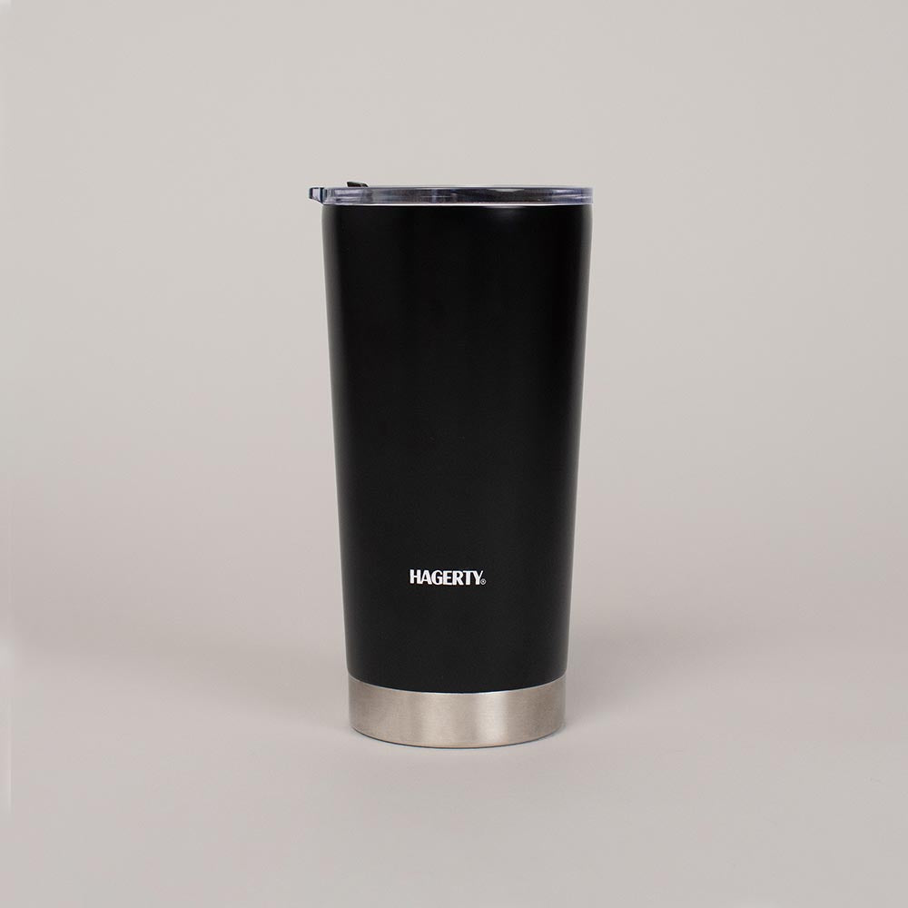 Black 18 oz stainless steel tumbler with the Hagerty logo in white. Designed exclusively for The Shop by Hagerty.