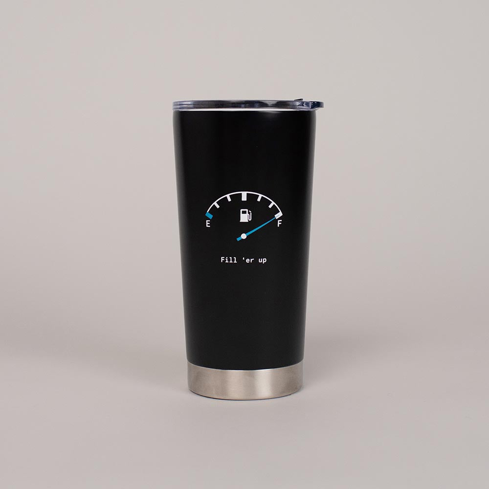 Black 18 oz stainless steel tumbler with a fuel gauge design reading Fill 'er up underneath. Designed exclusively for The Shop by Hagerty.